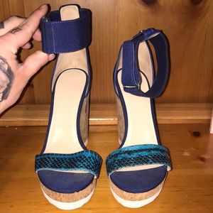 Authentic Jimmy Choo blue Snakeskin and leather Neston Platform Wedge Sandals